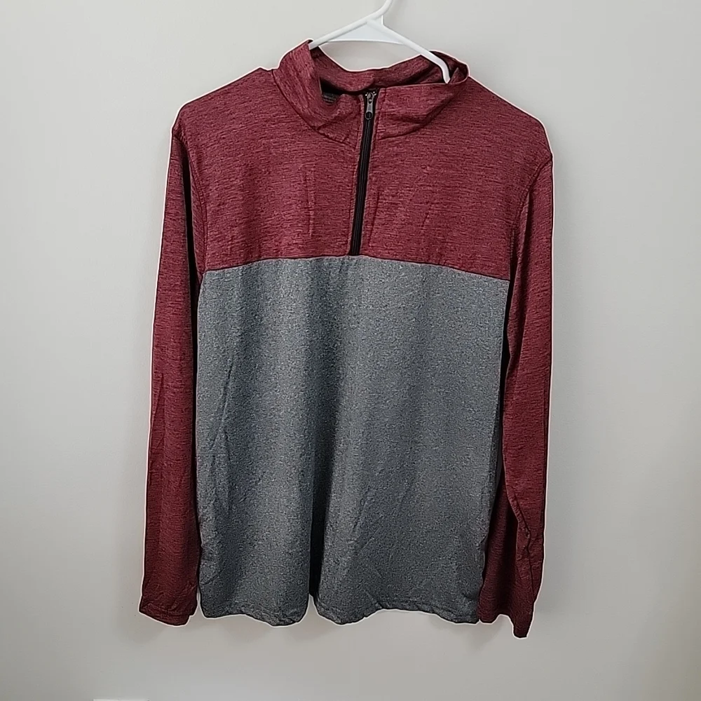 Real Essentials Mens Active DryFit Long Sleeve Pullover-1/4 Zip Gray/Maroon Sz L